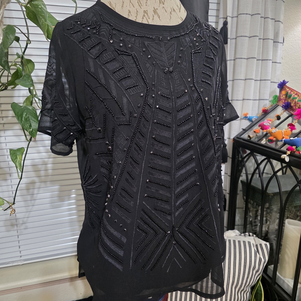 Biba Vintage Y2K Black Beaded Women's Cocktail Whimsy Goth Top